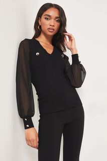 Вязаный свитер с шифоновыми рукавами и V-образным вырезом Lipsy, черный