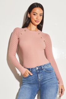 Вязаный свитер с ажурными рукавами и пуговицами на плечах Lipsy, розовый