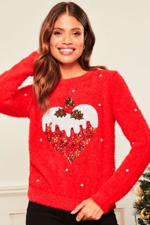 Мягкий свитер с пайетками и праздничным мотивом Lipsy, красный