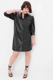 Платье-рубашка мини с круглым вырезом и рукавами-фонариками из искусственной кожи Gap, черный
