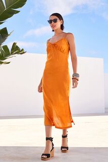 Летнее платье миди Rochelle из 100% льна с рюшами Next, оранжевый