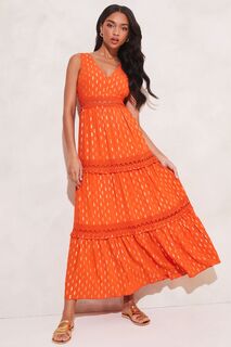 Платье макси с металлизированным принтом из фольги и кружевной отделкой с V-образным вырезом связанной крючком Lipsy, оранжевый