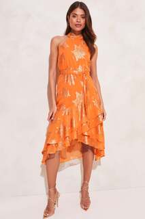 Многослойное платье миди с вырезом через шею и поясом Lipsy, оранжевый