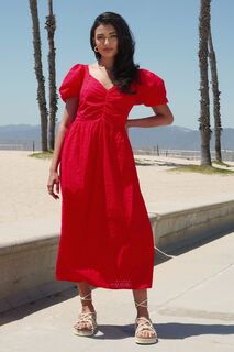 Платье миди с 3D-рюшами на шее рукавами-фонариками 10D и английской вышивкой Friends Like These, красный