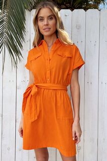 Льняное платье-мини-рубашка с поясом и накладным карманом Love &amp; Roses, оранжевый