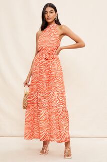 Каскадное платье макси с рисунком поясом и вырезом через шею Friends Like These, оранжевый
