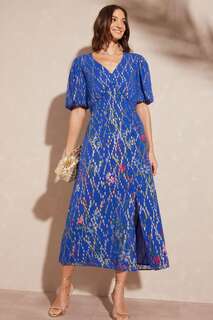 Платье миди металлик с V-образным вырезом и объемными рукавами и принтом Love &amp; Roses, синий