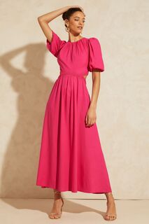 Льняное платье миди с пышными рукавами и декоративным вырезом Love &amp; Roses, розовый