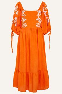 Оранжевое платье миди с пышными рукавами и вышивкой декоративным принтом Accessorize, оранжевый
