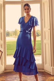 Многослойное летнее платье-макси с расклешенными рукавами и V-образным вырезом с рюшами Love &amp; Roses, синий