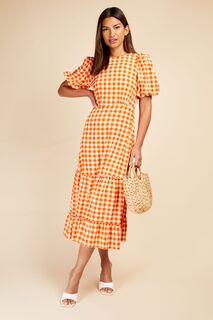 Платье Midaxi с рукавами-фонариками и узором в клетку виши Little Mistress, оранжевый