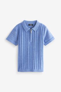 Рубашка-поло фактурного трикотажа с короткими рукавами и воротником на пуговицах Next, синий