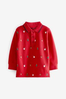 Рубашка-поло с длинными рукавами и вышивкой на Рождество Next, красный