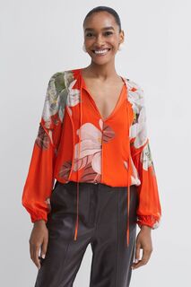 Прозрачная блузка с завязкой на шее и цветочным мотивом Florere, оранжевый