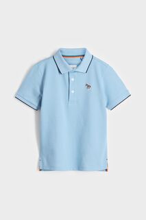 Синяя рубашка-поло с короткими рукавами для мальчика с полосками под зебру и логотипом Paul Smith, синий