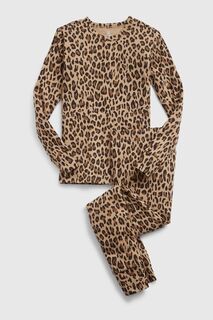 Пижама с длинными рукавами из натурального хлопка с леопардовым принтом Gap, коричневый