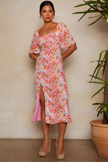Платье миди с цветочным узором и квадратным вырезом Chi Chi London, розовый