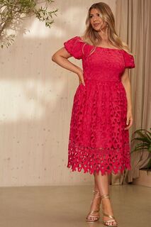 Премиальное кружевное платье миди с приталенным верхом и расклешенным низом с вырезом бардо Chi Chi London, розовый