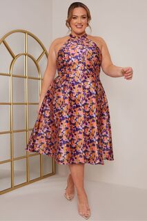 Платье миди с изогнутым узором и высоким вырезом Chi Chi London, фиолетовый