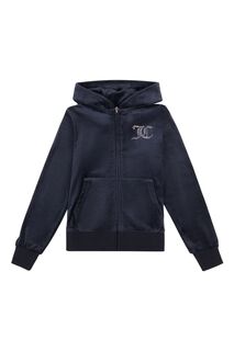 Синяя бархатная толстовка с застежкой-молнией и декором из стразов Juicy Couture, синий