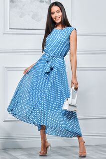 Синее плиссированное платье макси с асимметричным подолом из шифона Jolie Moi, синий