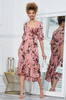 Розовое сетчатое платье миди Maab с рюшами на рукавах Jolie Moi, розовый