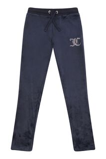 Велюровые джоггеры с широкими штанинами и декором из стразов Juicy Couture, синий