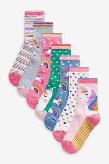 Комплект из 7 пар хлопковых носков с мотивом единорога Next, розовый