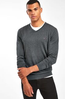 Хлопковый свитер с шелковым V-образным вырезом Tommy Hilfiger, серый
