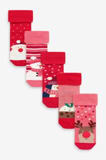Набор из 5 пар носков с мягкой подкладкой из хлопка и высокой подошвой Рождество Next, красный