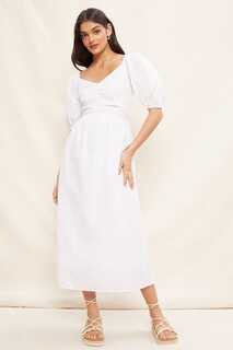 Платье миди с 3D-рюшами на шее рукавами-фонариками 10D и английской вышивкой Friends Like These, белый
