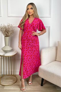 Розовое платье миди с короткими рукавами цветочным принтом и V-образным вырезом AX Paris, розовый
