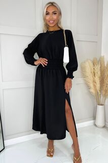 Платье миди с длинными рукавами и присборенными деталями AX Paris, черный