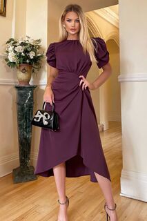 Пурпурно-сливовое платье миди с короткими рукавами-фонариками и рюшами сбоку AX Paris, фиолетовый