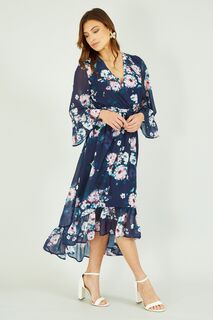 Платье миди с удлиненной спиной и акварельным цветочным мотивом Yumi, синий