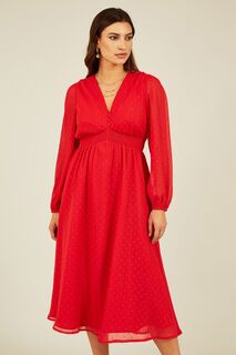 Платье миди цвета металлик с длинными рукавами добби Yumi, красный