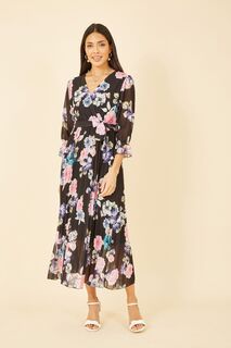 Платье миди со складками и цветочным принтом Yumi, черный