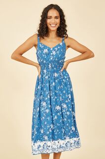 Летнее платье миди на бретелях с цветочным узором Yumi, синий