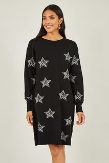Платье-туника свободного кроя со звездным принтом Yumi, черный