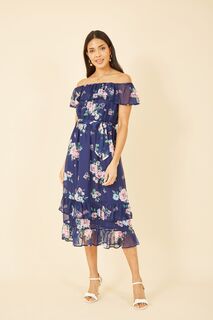 Платье миди с вырезом бардо цветочным узором и рюшами внизу Yumi, синий