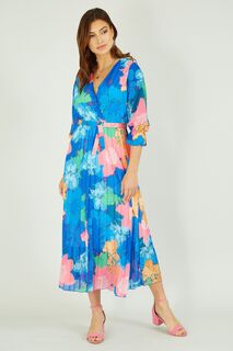 Плиссированное платье миди с цветочным принтом и поясом Yumi, синий