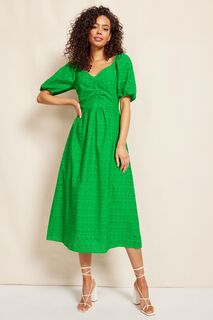Платье миди с 3D-рюшами на шее рукавами-фонариками 10D и английской вышивкой Friends Like These, зеленый