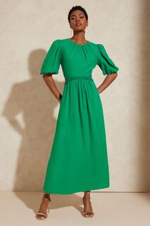 Льняное платье миди с пышными рукавами и декоративным вырезом Love &amp; Roses, зеленый