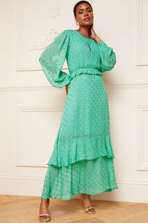 Платье миди со сборками длинными рукавами и каплевидным вырезом Love &amp; Roses, зеленый