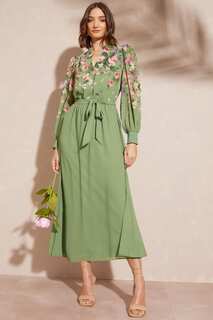 Платье миди с длинными рукавами застежкой на пуговицы и поясом с принтом Love &amp; Roses, зеленый