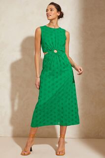Платье миди со сборками английской вышивкой и декоративными вырезами Love &amp; Roses, зеленый