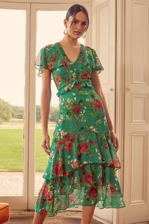 Многослойное летнее платье-макси с расклешенными рукавами и V-образным вырезом с рюшами Love &amp; Roses, зеленый
