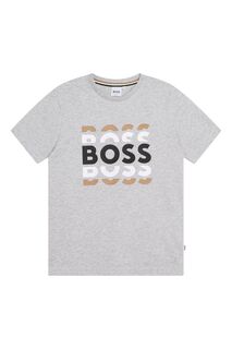 Серая меланжевая футболка с тремя логотипами BOSS, серый