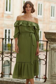 Платье миди с текстурой в горошек и вырезом бардо Love &amp; Roses, зеленый