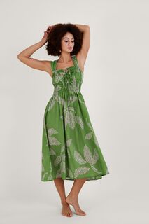Зеленое платье миди в горошек с пальмовым принтом из экологически чистого хлопка Monsoon, зеленый